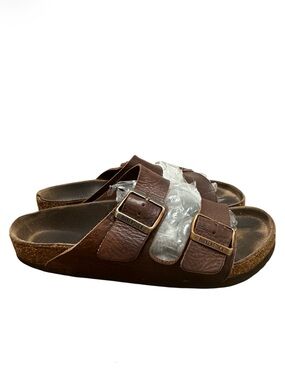 BIRKENSTOCK Brown Leather Arizona Sandals With Rose Gold Buckles Size 38/7